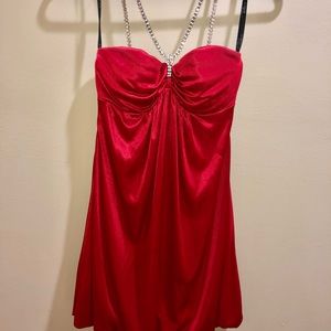 Red Silk Dress with a jeweled neck line and shoulders